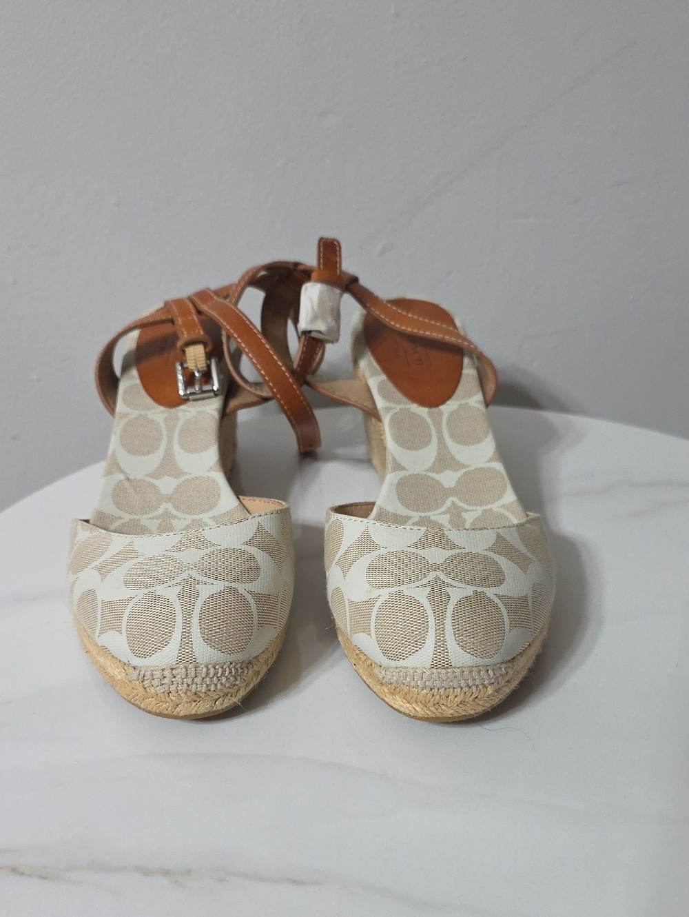Coach Beige Canvas Signature Espadrille Wedges with Tan Leather Straps